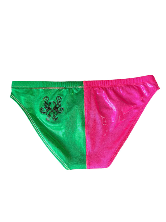 "The Kraken" Pink and Green Sparkle Contour Front Swim Brief (1" Hip)