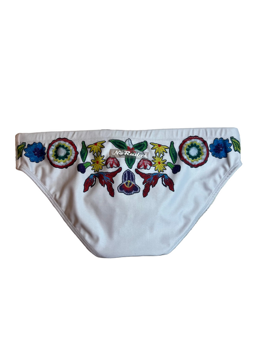 "Flor y Sol" Contour Front Swim Brief - White (2" Hip)