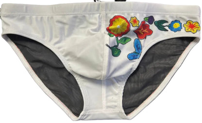 "Flor y Sol" Contour Front Swim Brief - White (2" Hip)