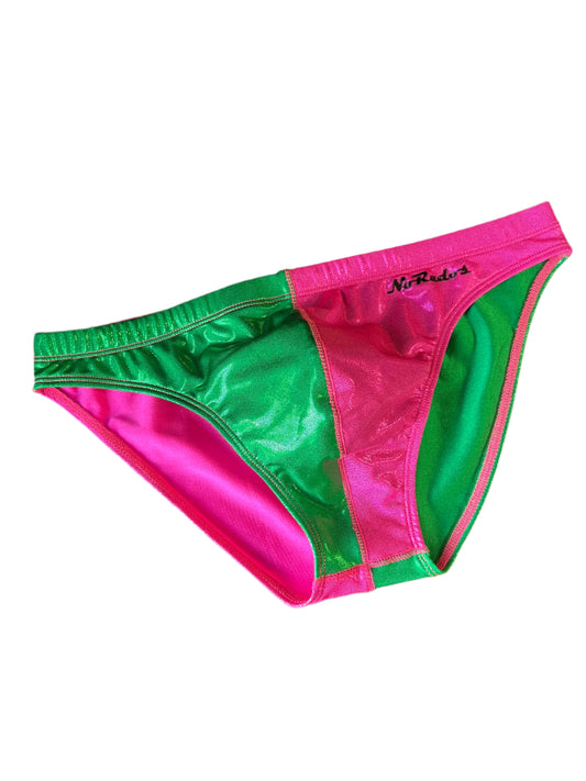 "The Kraken" Pink and Green Sparkle Contour Front Swim Brief (1" Hip)