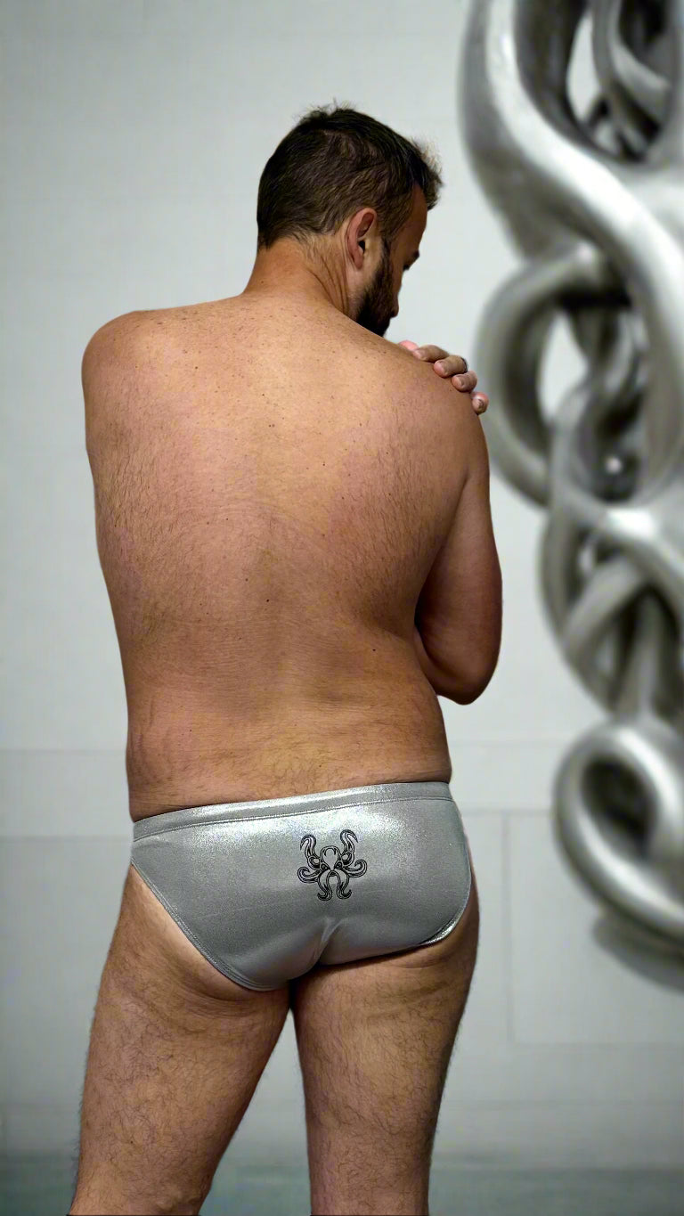 "The Kraken" Silver Sparkle Contour Front Swim Brief (1" Hip)